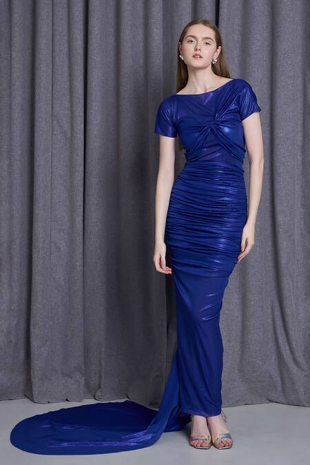 Shop_Cham Cham_Blue Boat Neck Ruched Mermaid Gown With Detachable Trail _Online_at_Aza_Fashions