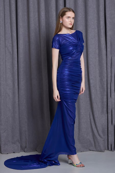 Cham Cham_Blue Boat Neck Ruched Mermaid Gown With Detachable Trail _at_Aza_Fashions