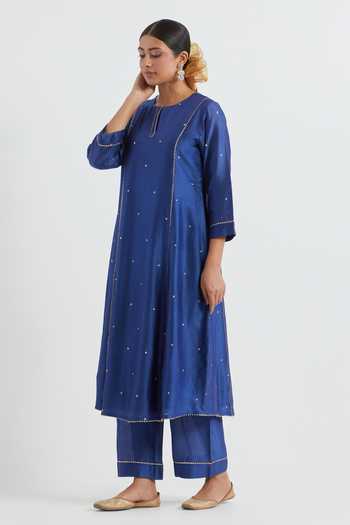 Ikshita Choudhary Blue Chanderi Sequins, Lace Round Neck Embellished Kurta Pant Set Online at Aza Fashions Ikshita Choudhary_Blue Chanderi Sequins, Lace Round Neck Embellished Kurta Pant Set_Online_at_Aza_Fashions