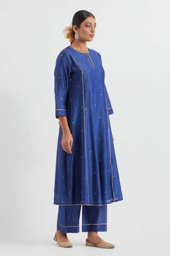 Buy Ikshita Choudhary Blue Chanderi Sequins, Lace Round Neck Embellished Kurta Pant Set Online at Aza Fashions Buy_Ikshita Choudhary_Blue Chanderi Sequins, Lace Round Neck Embellished Kurta Pant Set_Online_at_Aza_Fashions