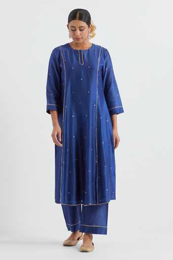 Shop Ikshita Choudhary Blue Chanderi Sequins, Lace Round Neck Embellished Kurta Pant Set Online at Aza Fashions Shop_Ikshita Choudhary_Blue Chanderi Sequins, Lace Round Neck Embellished Kurta Pant Set_Online_at_Aza_Fashions