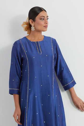 Ikshita Choudhary Blue Chanderi Sequins, Lace Round Neck Embellished Kurta Pant Set at Aza Fashions Ikshita Choudhary_Blue Chanderi Sequins, Lace Round Neck Embellished Kurta Pant Set_at_Aza_Fashions