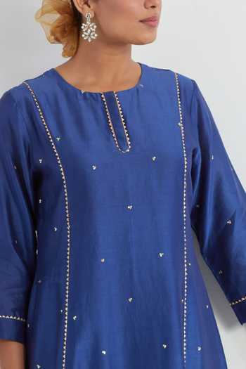 Buy Ikshita Choudhary Blue Chanderi Sequins, Lace Round Neck Embellished Kurta Pant Set Buy_Ikshita Choudhary_Blue Chanderi Sequins, Lace Round Neck Embellished Kurta Pant Set