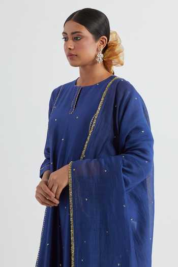 Shop Ikshita Choudhary Blue Chanderi Sequins, Lace Round Neck Embellished Kurta Pant Set Shop_Ikshita Choudhary_Blue Chanderi Sequins, Lace Round Neck Embellished Kurta Pant Set