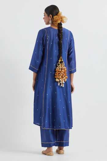 Shop Ikshita Choudhary Blue Chanderi Sequins, Lace Round Neck Embellished Kurta Pant Set at Aza Fashions Shop_Ikshita Choudhary_Blue Chanderi Sequins, Lace Round Neck Embellished Kurta Pant Set_at_Aza_Fashions
