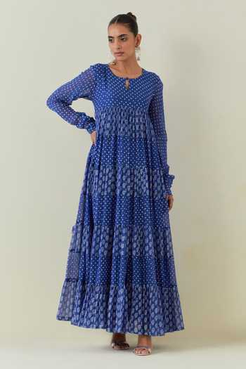Ikshita Choudhary_Blue Cotton, Chanderi Embroidery Floral Print Tiered Anarkali Churidar Set _Online_at_Aza_Fashions