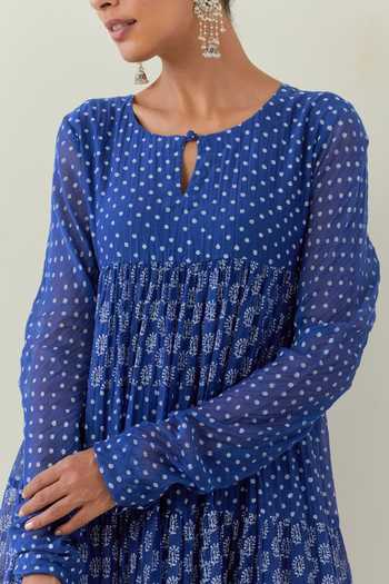 Buy_Ikshita Choudhary_Blue Cotton, Chanderi Embroidery Floral Print Tiered Anarkali Churidar Set _Online_at_Aza_Fashions