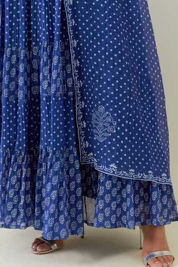 Shop_Ikshita Choudhary_Blue Cotton, Chanderi Embroidery Floral Print Tiered Anarkali Churidar Set _Online_at_Aza_Fashions