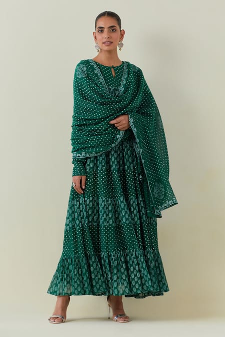 Ikshita Choudhary Green Light Chanderi Block Print Dot Tiered Floral Anarkali Churidar Set 