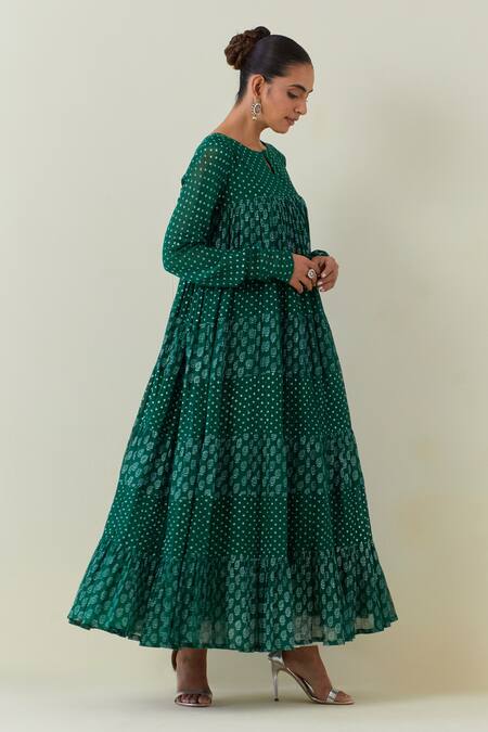 Shop_Ikshita Choudhary_Green Chanderi, Cotton Embroidery Tiered Floral Print Anarkali Churidar Set_Online_at_Aza_Fashions