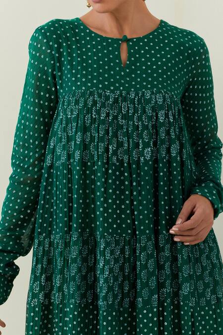 Ikshita Choudhary_Green Chanderi, Cotton Embroidery Tiered Floral Print Anarkali Churidar Set_at_Aza_Fashions