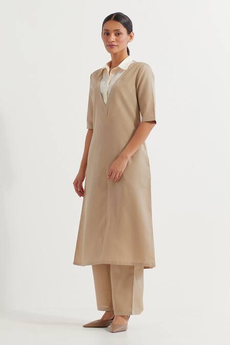 Shop_The Indian Cause_Beige Cotton Collared Kurta With Pant _at_Aza_Fashions
