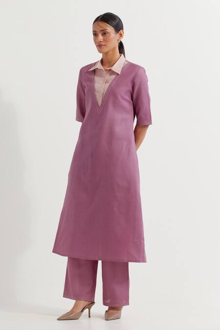 Buy_The Indian Cause_Purple Cotton Collared Contrast Kurta With Pant_Online_at_Aza_Fashions