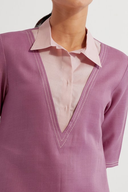 The Indian Cause_Purple Cotton Collared Contrast Kurta With Pant_at_Aza_Fashions