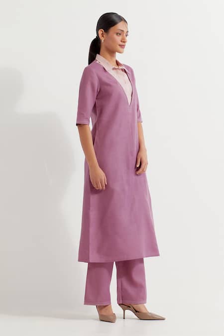 Buy_The Indian Cause_Purple Cotton Collared Contrast Kurta With Pant