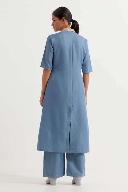 Shop_The Indian Cause_Blue Cotton Collared Two Tone Kurta With Pant _at_Aza_Fashions