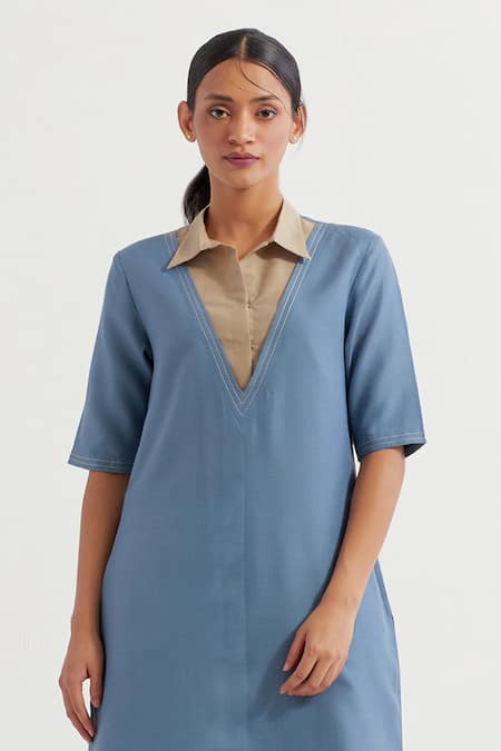 The Indian Cause_Blue Cotton Collared Two Tone Kurta With Pant _Online_at_Aza_Fashions