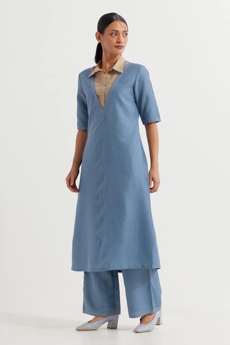 Buy_The Indian Cause_Blue Cotton Collared Two Tone Kurta With Pant _Online_at_Aza_Fashions