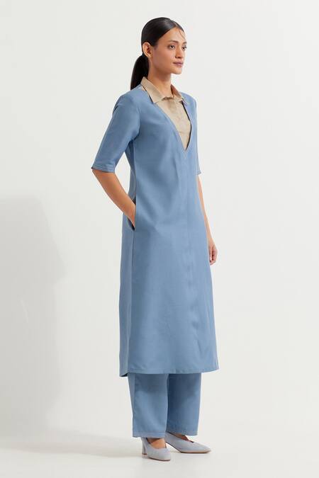 Shop_The Indian Cause_Blue Cotton Collared Two Tone Kurta With Pant _Online_at_Aza_Fashions