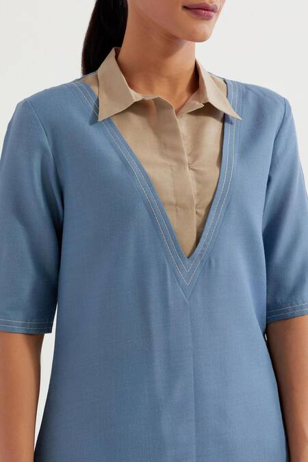 Buy_The Indian Cause_Blue Cotton Collared Two Tone Kurta With Pant 