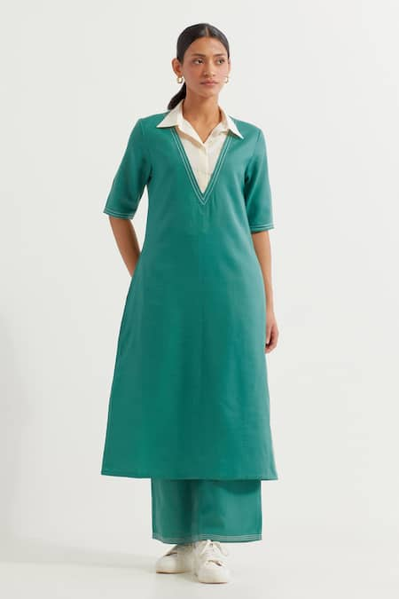 TIC Green Cotton Slub Plain Collared Neck Contrast Straight Kurta With Pant 