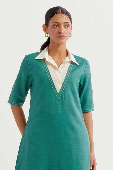 The Indian Cause_Green Cotton Collared Contrast Straight Kurta With Pant_Online_at_Aza_Fashions