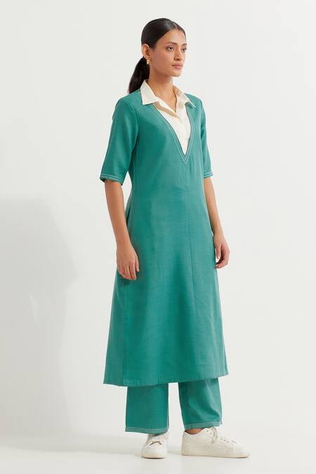Buy_The Indian Cause_Green Cotton Collared Contrast Straight Kurta With Pant_Online_at_Aza_Fashions