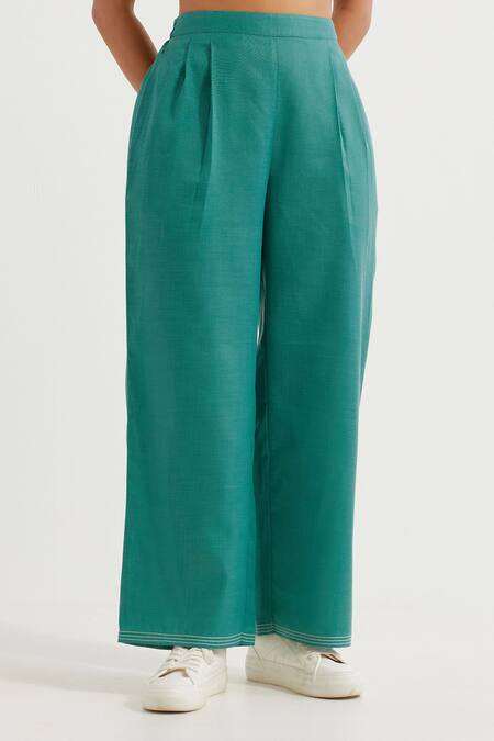 Shop_The Indian Cause_Green Cotton Collared Contrast Straight Kurta With Pant_Online_at_Aza_Fashions