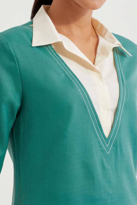 The Indian Cause_Green Cotton Collared Contrast Straight Kurta With Pant_at_Aza_Fashions