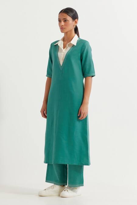 Buy_The Indian Cause_Green Cotton Collared Contrast Straight Kurta With Pant