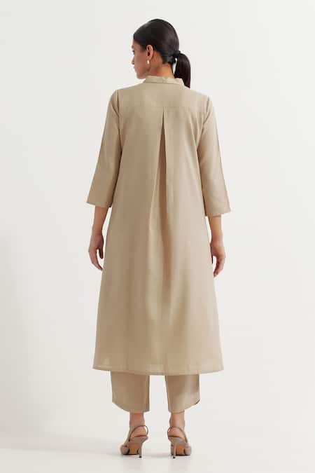 Shop_The Indian Cause_Beige Cotton Collared Victoria Plain Kurta With Pant _at_Aza_Fashions