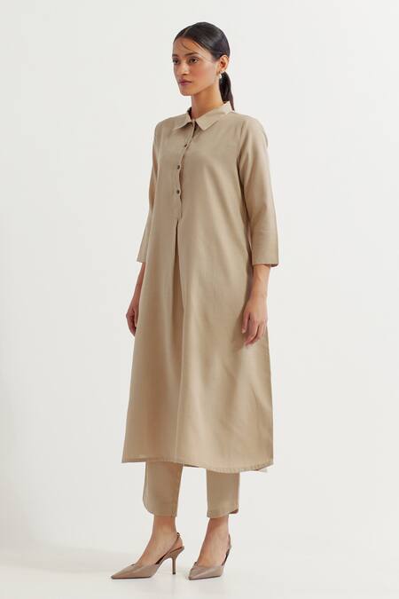 The Indian Cause_Beige Cotton Collared Victoria Plain Kurta With Pant _Online_at_Aza_Fashions