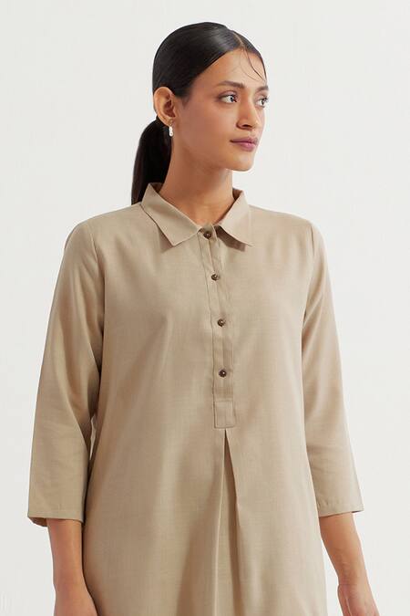 Shop_The Indian Cause_Beige Cotton Collared Victoria Plain Kurta With Pant _Online_at_Aza_Fashions