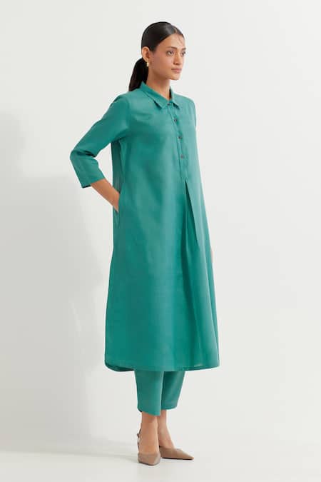 Buy_The Indian Cause_Green Cotton Collared Victoria Straight Kurta With Pant _Online_at_Aza_Fashions