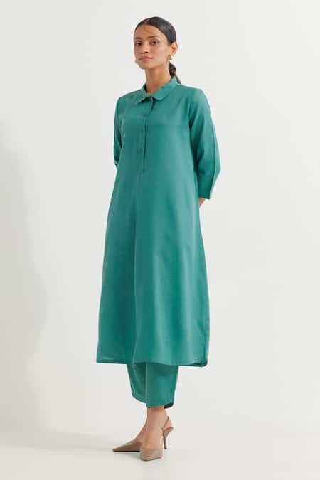 The Indian Cause_Green Cotton Collared Victoria Straight Kurta With Pant _at_Aza_Fashions