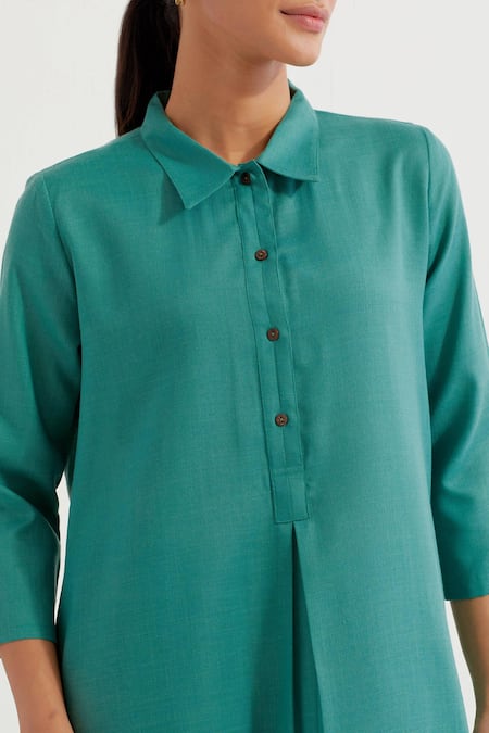 Buy_The Indian Cause_Green Cotton Collared Victoria Straight Kurta With Pant 