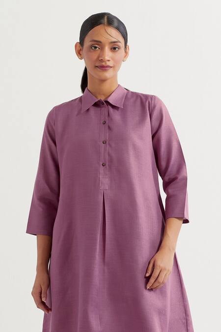 The Indian Cause_Purple Cotton Collared Victoria A-line Kurta With Pant _Online_at_Aza_Fashions