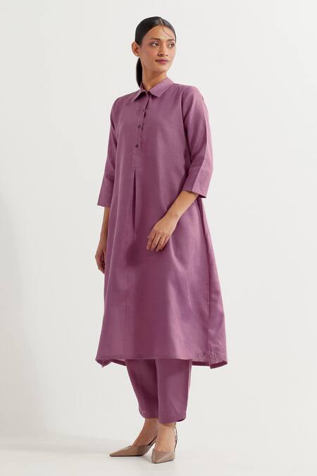 Buy_The Indian Cause_Purple Cotton Collared Victoria A-line Kurta With Pant _Online_at_Aza_Fashions