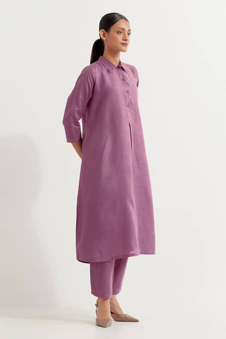 The Indian Cause_Purple Cotton Collared Victoria A-line Kurta With Pant _at_Aza_Fashions