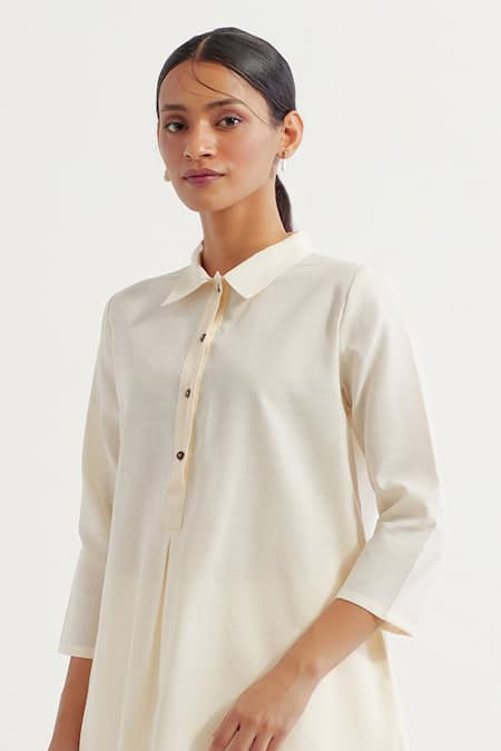 The Indian Cause_White Cotton Collared Victoria A-line Plain Kurta With Pant_Online_at_Aza_Fashions