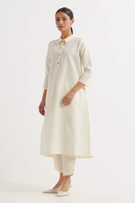 Buy_The Indian Cause_White Cotton Collared Victoria A-line Plain Kurta With Pant_Online_at_Aza_Fashions