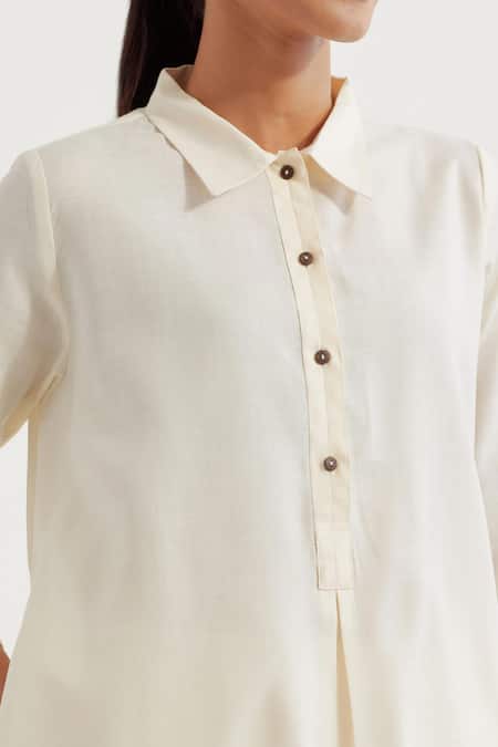 The Indian Cause_White Cotton Collared Victoria A-line Plain Kurta With Pant_at_Aza_Fashions