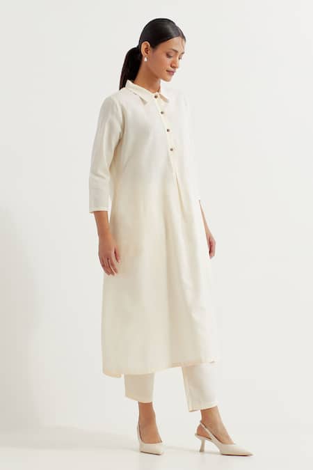 Buy_The Indian Cause_White Cotton Collared Victoria A-line Plain Kurta With Pant