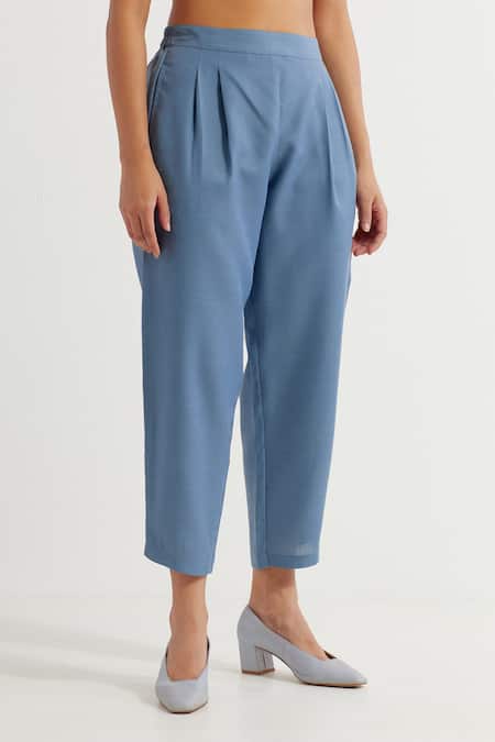 The Indian Cause_Blue Cotton Collared Victoria A-line Kurta With Straight Pant_Online_at_Aza_Fashions