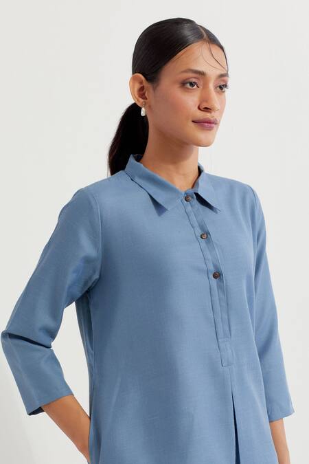 Buy_The Indian Cause_Blue Cotton Collared Victoria A-line Kurta With Straight Pant_Online_at_Aza_Fashions