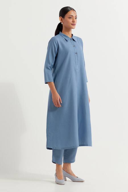 Shop_The Indian Cause_Blue Cotton Collared Victoria A-line Kurta With Straight Pant_Online_at_Aza_Fashions