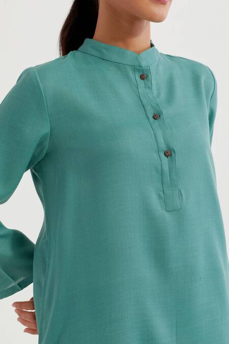 Buy_The Indian Cause_Green Cotton Mandarin Collar Boyfriend Plain Kurta With Pant_Online_at_Aza_Fashions