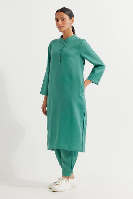 Shop_The Indian Cause_Green Cotton Mandarin Collar Boyfriend Plain Kurta With Pant_Online_at_Aza_Fashions