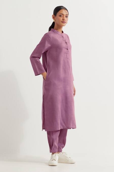 Buy_The Indian Cause_Purple Cotton Collared Boyfriend Straight Kurta With Pant _Online_at_Aza_Fashions