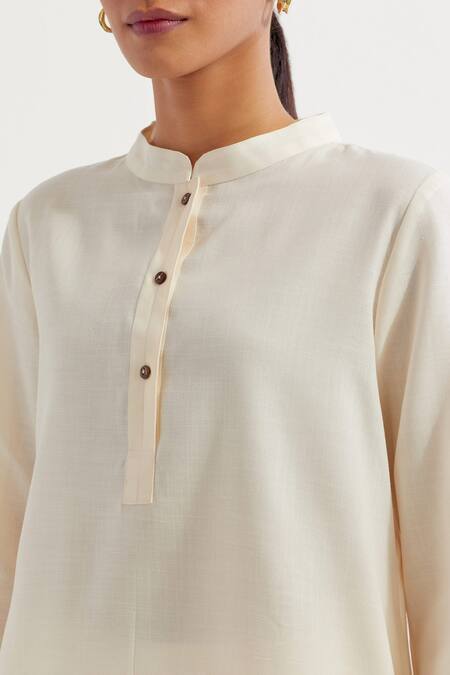 Shop_The Indian Cause_White Cotton Collared Boyfriend Straight Plain Kurta With Pant _Online_at_Aza_Fashions